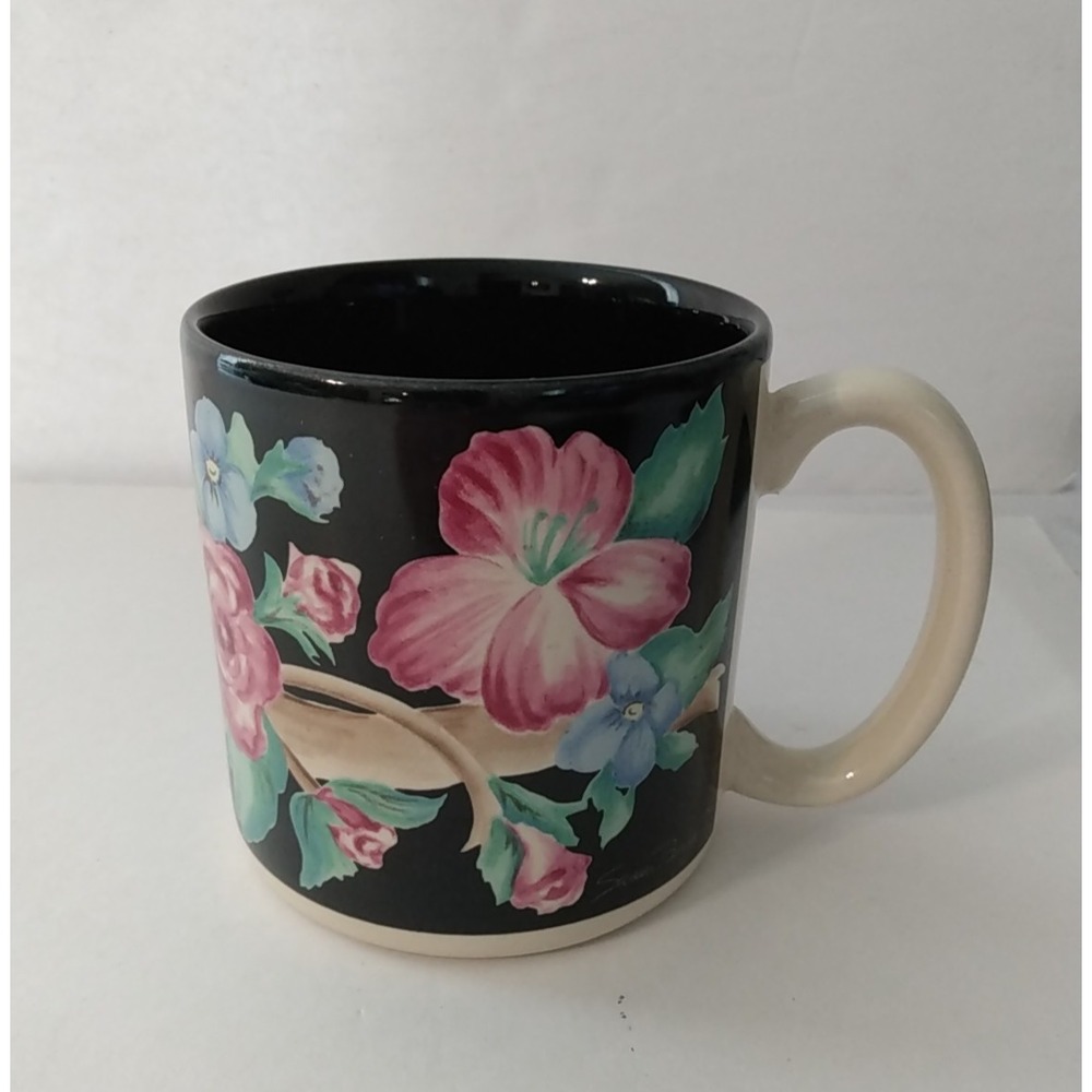 Flowers, Inc. Balloons Black Floral Coffee Mug VTG 1991 12oz NICE!